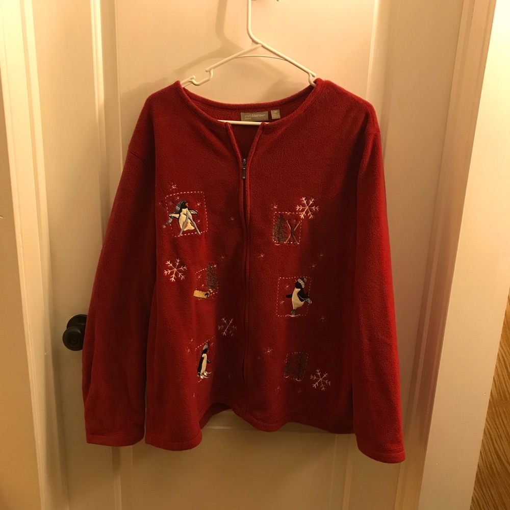 Croft & barrow Red Zipper Fleece with Embroidered Winter Figures ~ Size 2XL